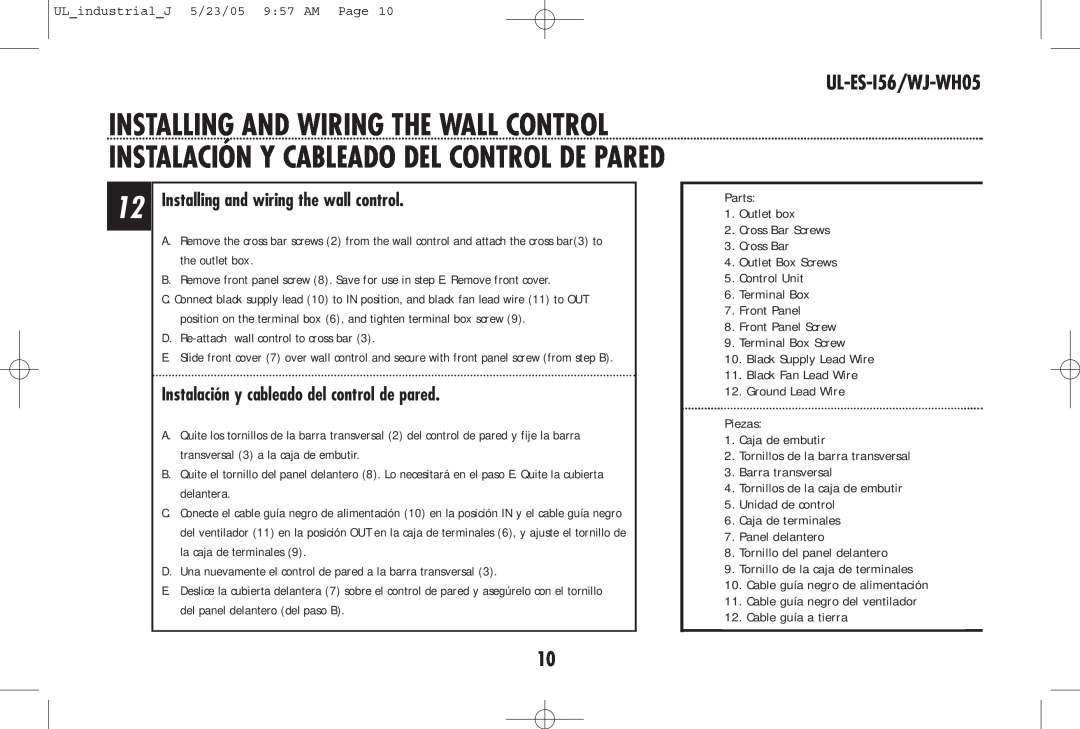 Westinghouse UL-ES-I56/WJ-WH05 Installing and wiring the wall control, Instalación y cableado del control de pared 