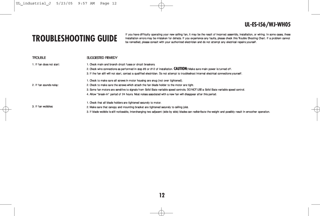 Westinghouse UL-ES-I56/WJ-WH05 owner manual Trouble, Suggested Remedy 