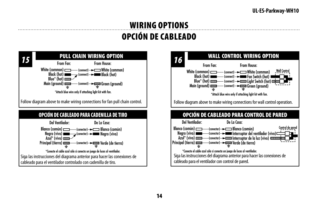 Westinghouse UL-ES-Parkway-WH10 owner manual Wiring Options, Opción DE Cableado 