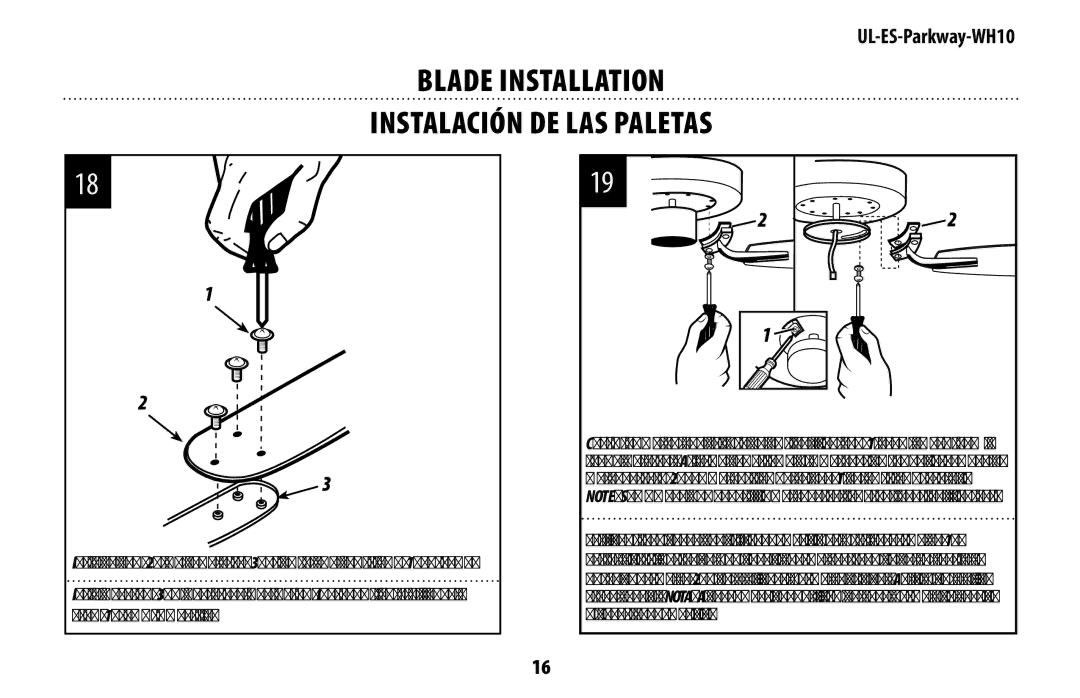 Westinghouse UL-ES-Parkway-WH10 owner manual Blade Installation Instalación de las paletas 