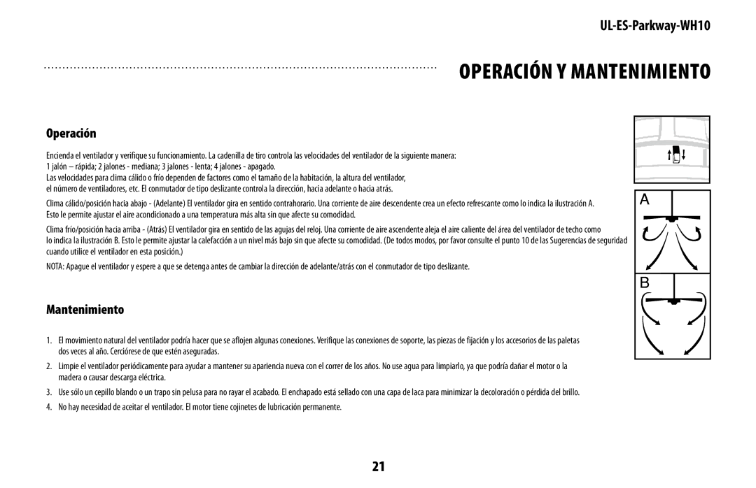 Westinghouse UL-ES-Parkway-WH10 owner manual Operación y mantenimiento 