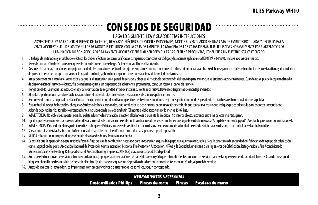 Westinghouse UL-ES-Parkway-WH10 owner manual Consejos de seguridad, Haga LO Siguiente LEA Y Guarde Estas Instrucciones 