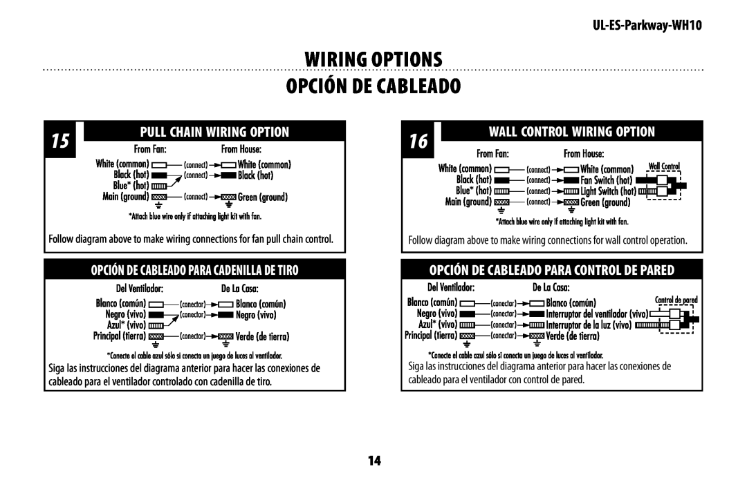 Westinghouse UL-ES-Parkway-WH10 wiring OPTIONS OPCIÓN DE CABLEADO, Pull Chain Wiring Option, Wall Control Wiring Option 