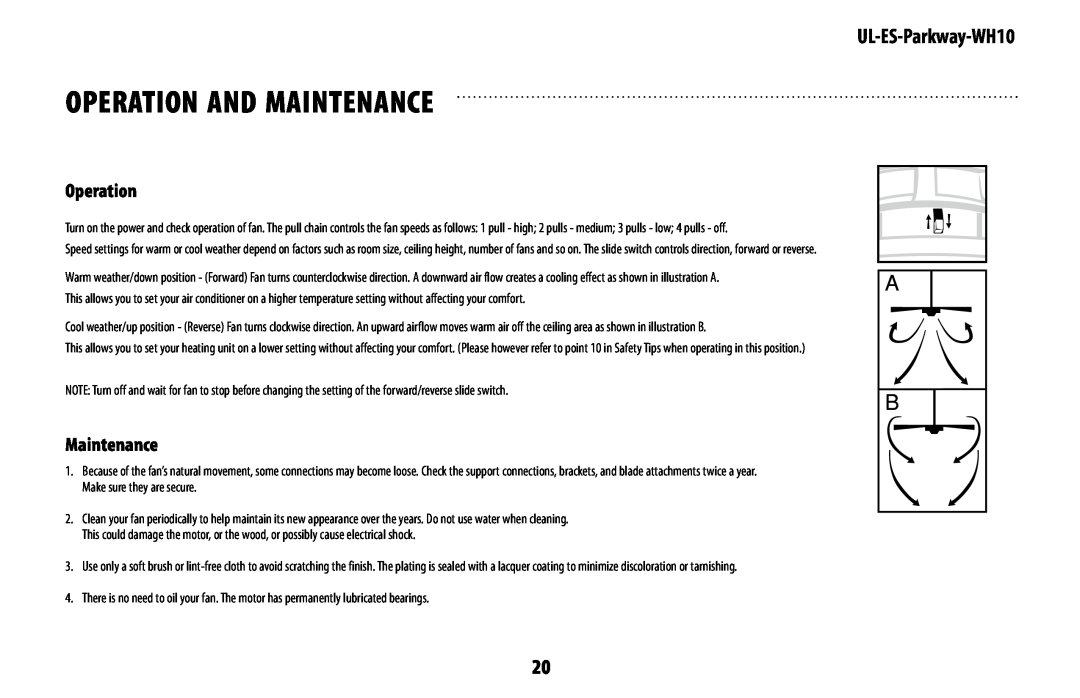 Westinghouse UL-ES-Parkway-WH10 owner manual Operation And Maintenance 