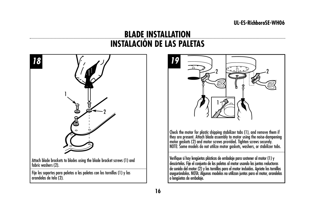 Westinghouse UL-ES-RichboroSE-WH06 owner manual Blade Installation Instalación DE LAS Paletas 