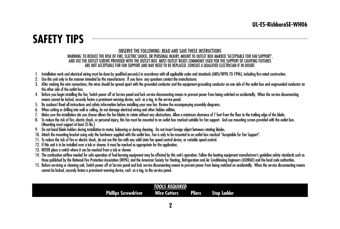 Westinghouse UL-ES-RichboroSE-WH06 owner manual Safety Tips, Observe the Following Read and Save These Instructions 