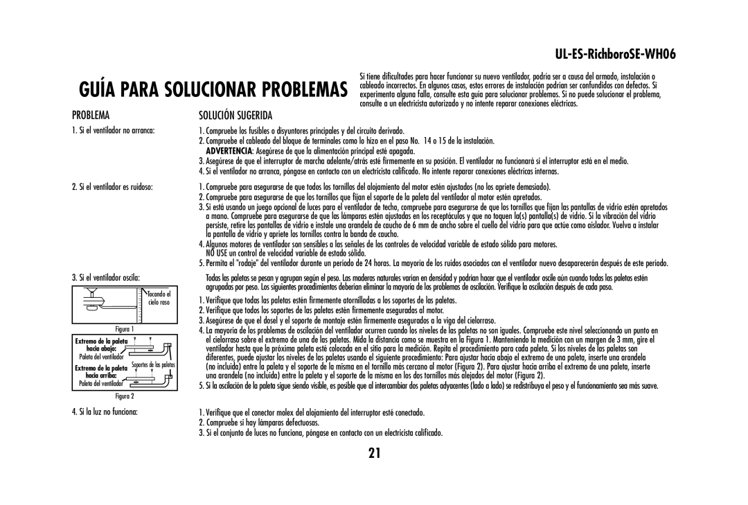 Westinghouse UL-ES-RichboroSE-WH06 owner manual Problema, Solución Sugerida 