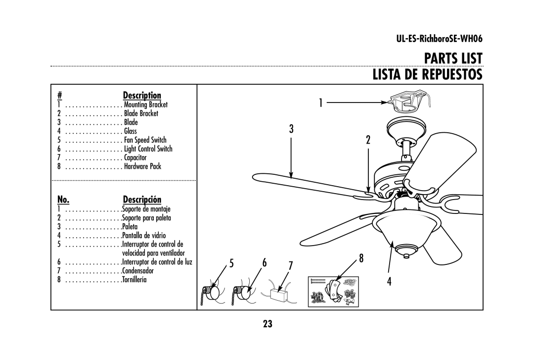 Westinghouse UL-ES-RichboroSE-WH06 owner manual Parts List Lista DE Repuestos, Description 