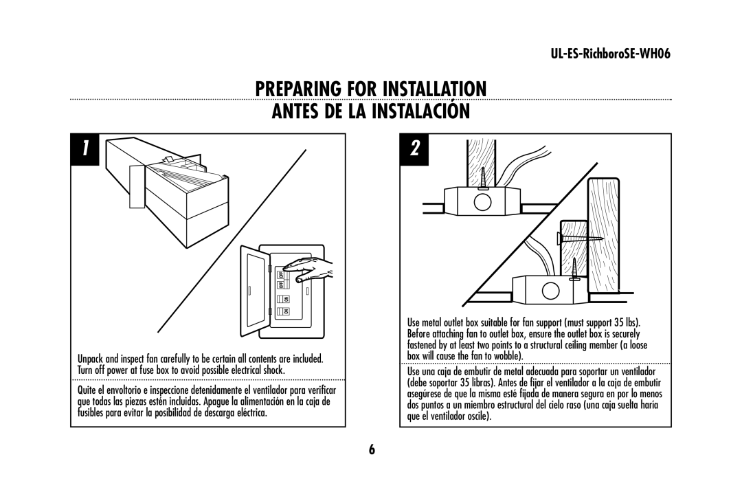 Westinghouse UL-ES-RichboroSE-WH06 owner manual Preparing for Installation Antes DE LA Instalación 