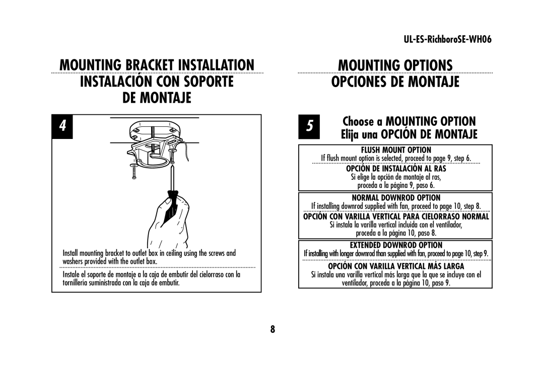 Westinghouse UL-ES-RichboroSE-WH06 owner manual Mounting Options Opciones DE Montaje 