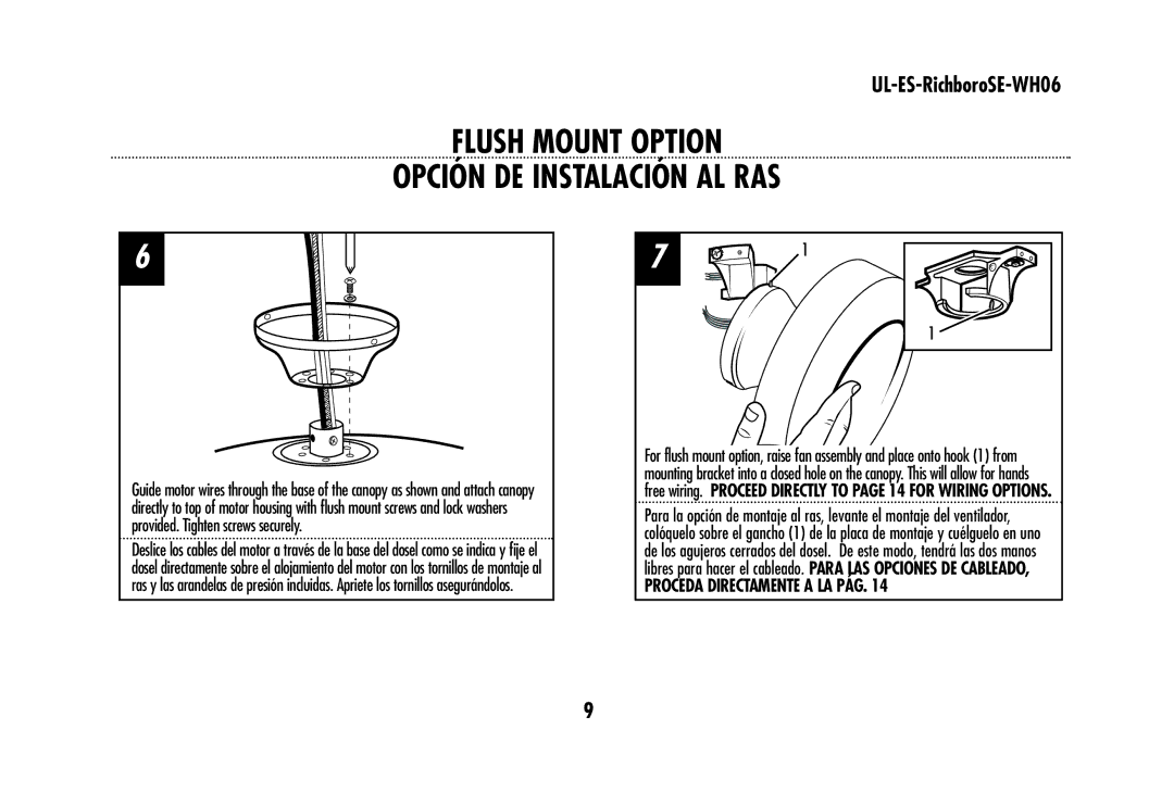 Westinghouse UL-ES-RichboroSE-WH06 owner manual Flush Mount Option Opción DE Instalación AL RAS 