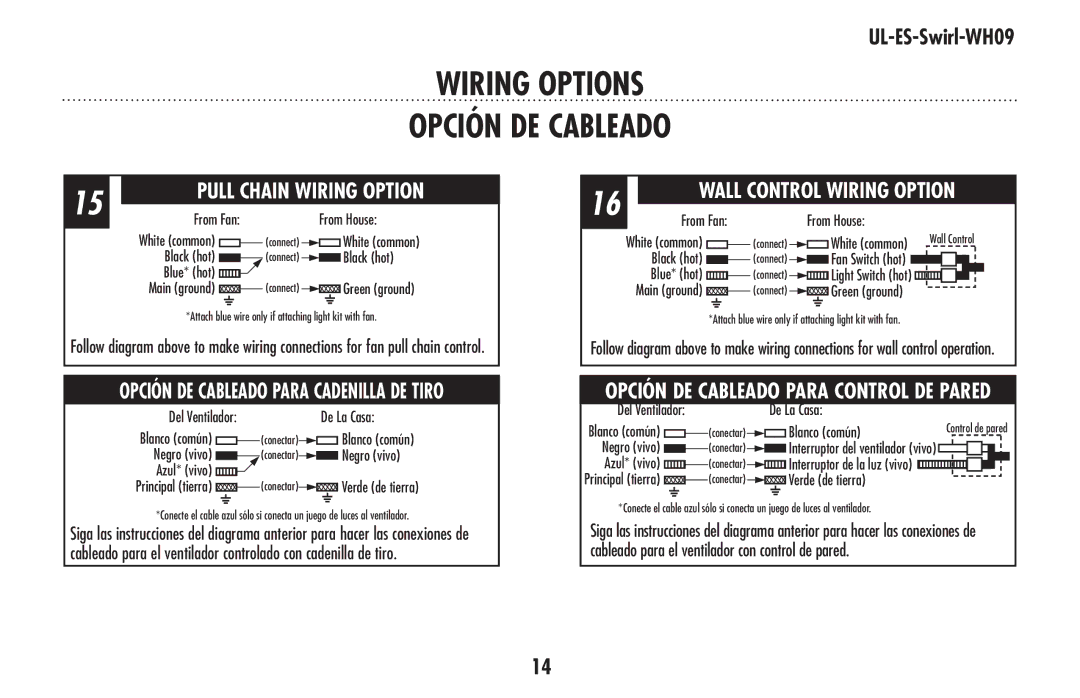 Westinghouse UL-ES-Swirl-WH09 owner manual Wiring Options, Opción DE Cableado 