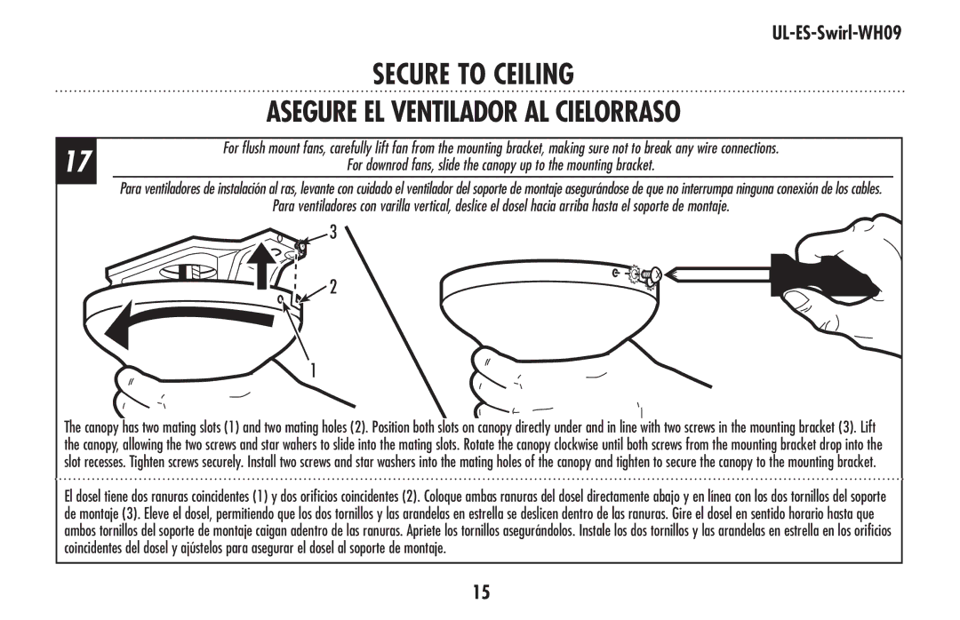 Westinghouse UL-ES-Swirl-WH09 owner manual Asegure el ventilador al cielorraso 