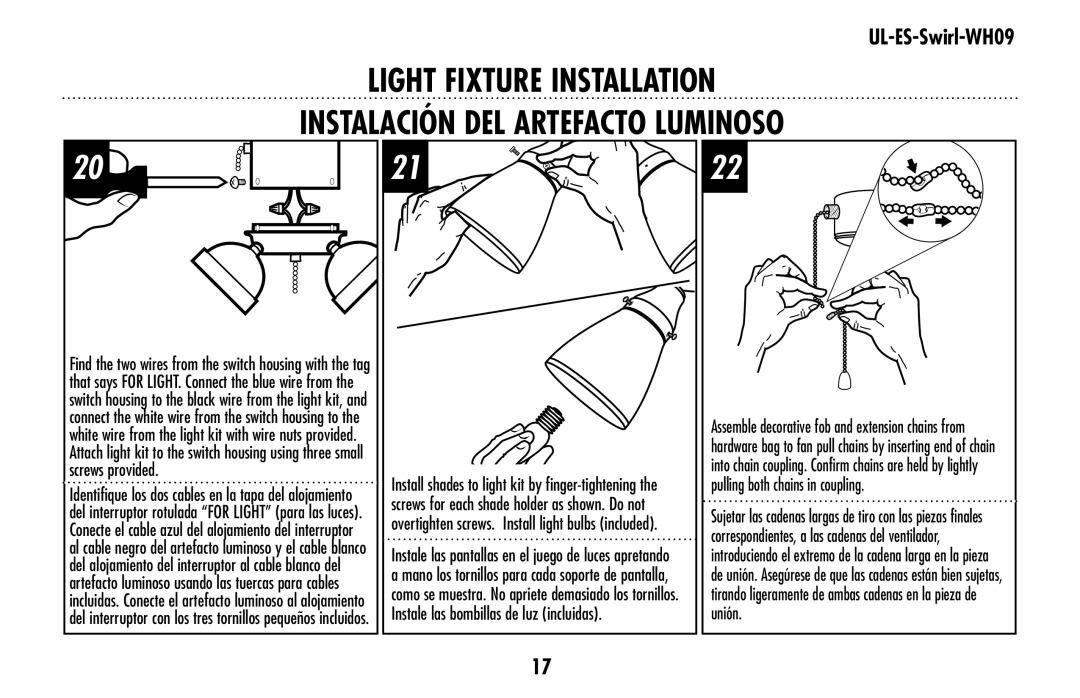 Westinghouse UL-ES-Swirl-WH09 owner manual Instalación del artef acto luminoso, To light kit by finger-tightening 