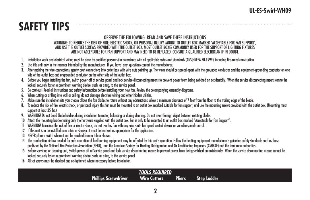 Westinghouse UL-ES-Swirl-WH09 owner manual Safety tips 