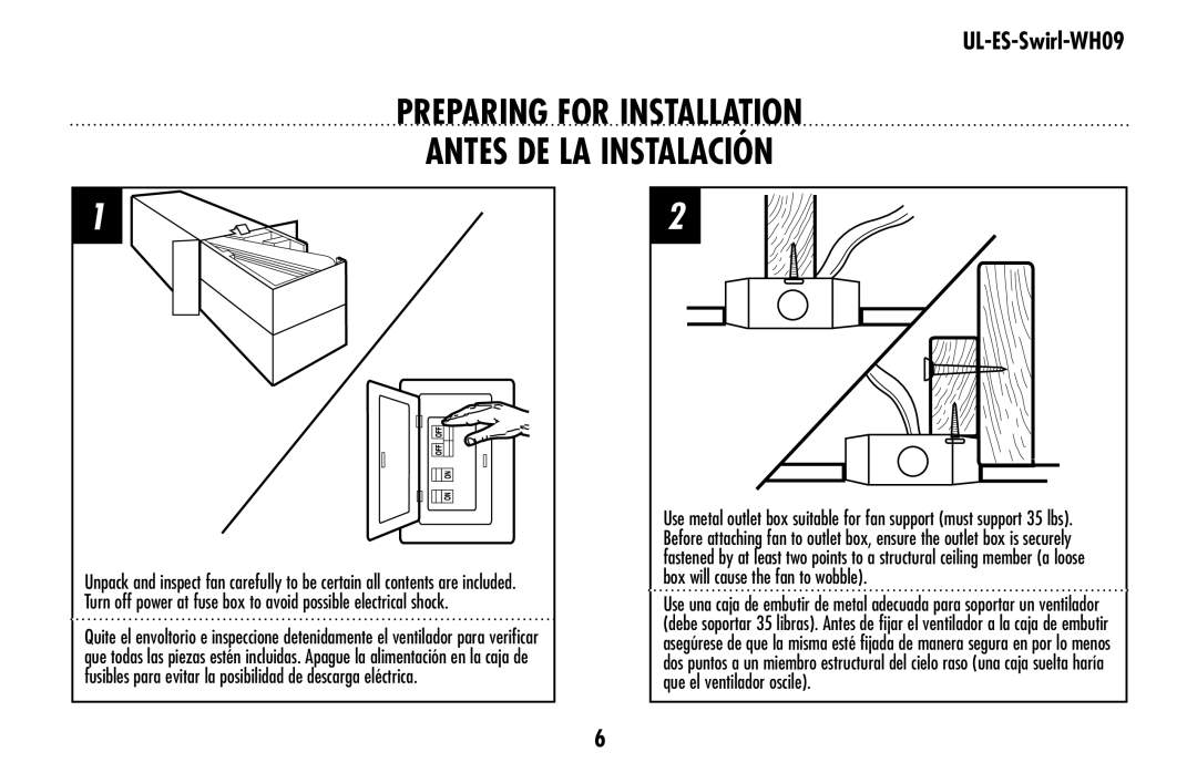 Westinghouse UL-ES-Swirl-WH09 owner manual PREPARING for installation Antes de la instalación 