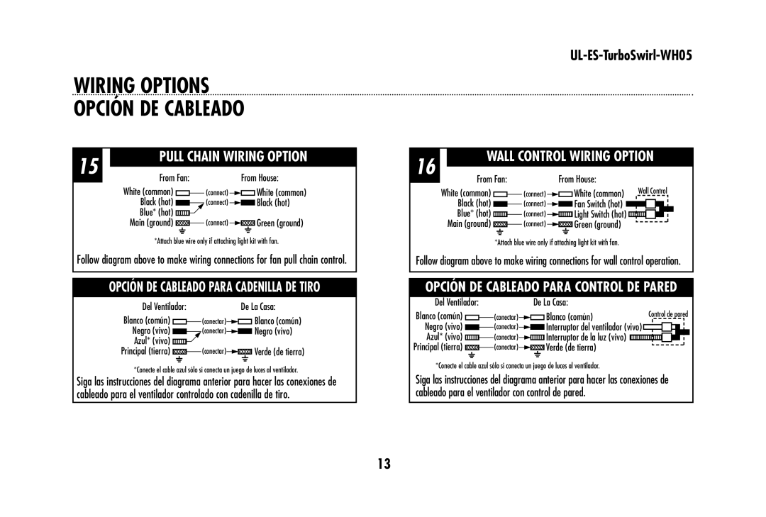 Westinghouse UL-ES-TurboSwirl-WH05 owner manual Wiring Options Opción DE Cableado, Wall Control Wiring Option 