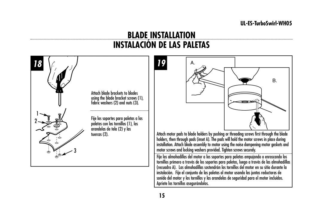 Westinghouse UL-ES-TurboSwirl-WH05 owner manual Blade Installation Instalación DE LAS Paletas 