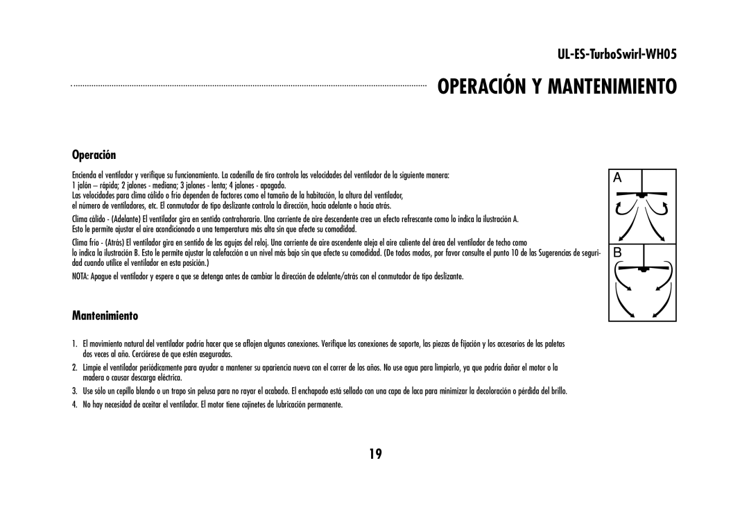 Westinghouse UL-ES-TurboSwirl-WH05 owner manual Operación Y Mantenimiento 