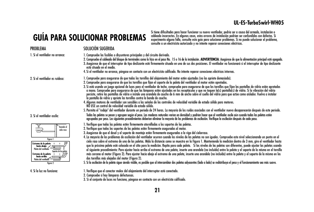 Westinghouse UL-ES-TurboSwirl-WH05 owner manual Problema, Solución Sugerida 