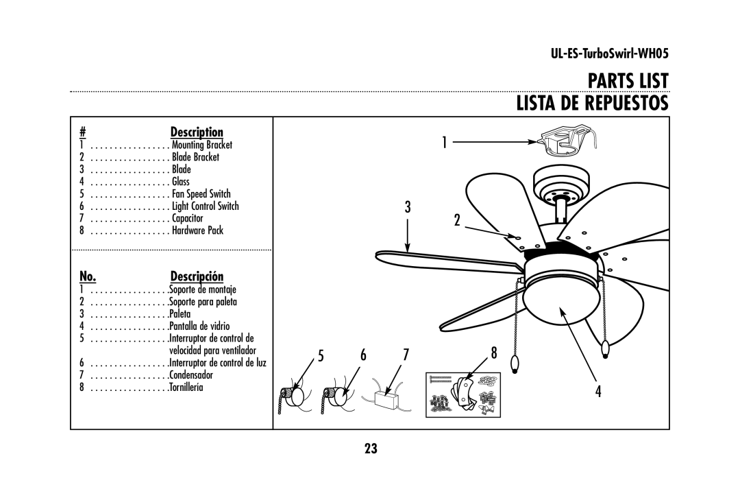 Westinghouse UL-ES-TurboSwirl-WH05 owner manual Parts List Lista DE Repuestos, Description 