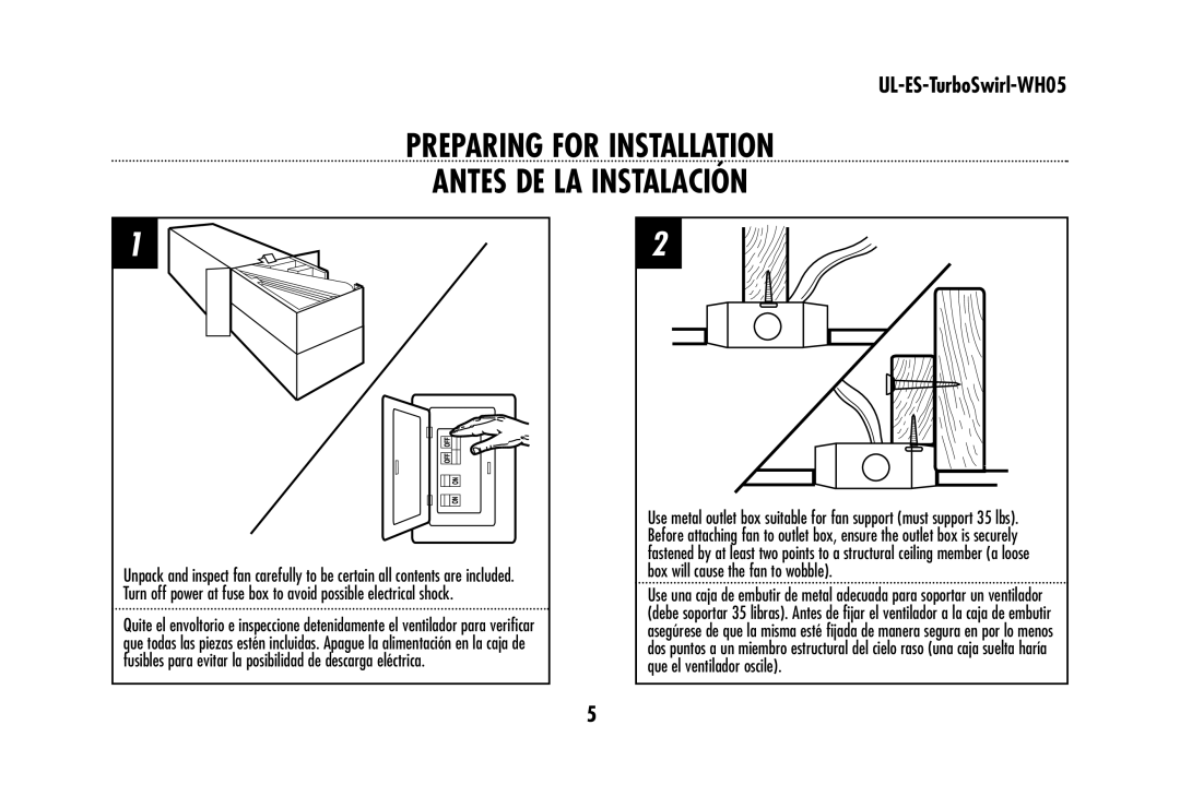 Westinghouse UL-ES-TurboSwirl-WH05 owner manual Preparing for Installation Antes DE LA Instalación 