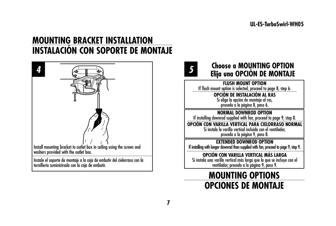 Westinghouse UL-ES-TurboSwirl-WH05 owner manual Mounting Options Opciones DE Montaje 