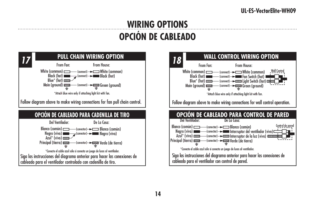 Westinghouse UL-ES-VectorElite-WH09 owner manual Wiring Options, Opción DE Cableado 