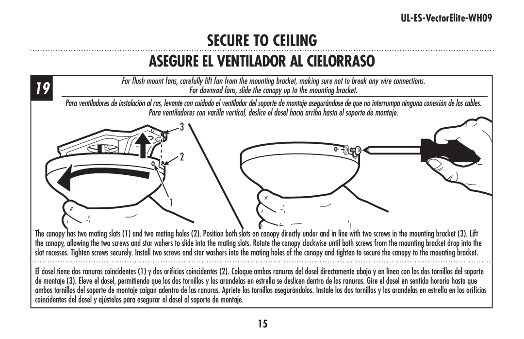 Westinghouse UL-ES-VectorElite-WH09 owner manual Asegure el ventilador al cielorraso 