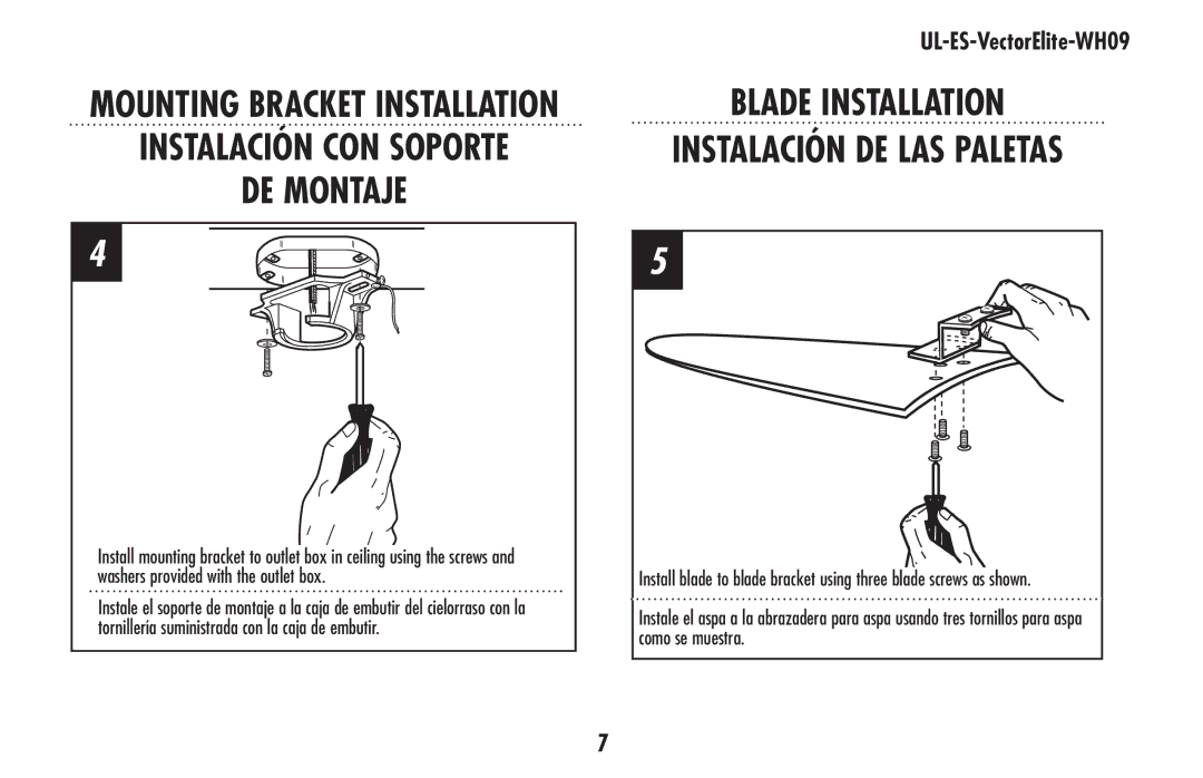 Westinghouse UL-ES-VectorElite-WH09 owner manual Blade Installation Instalación de las paletas 