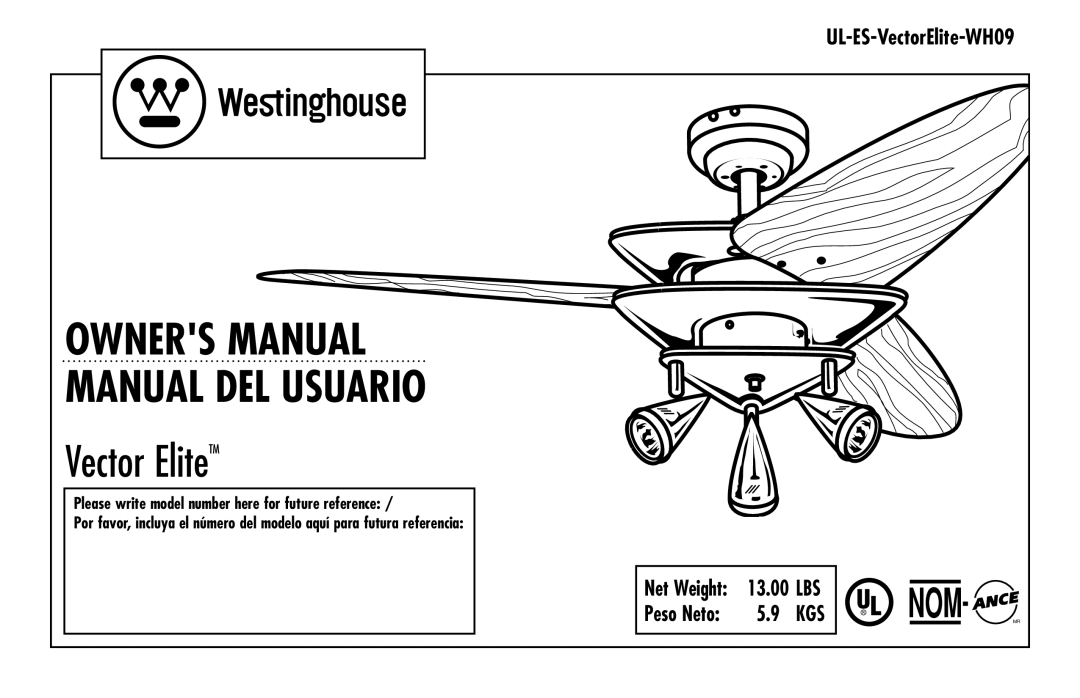 Westinghouse UL-ES-VectorElite-WH09 owner manual 13.00, Peso Neto, Please write model number here for future reference 