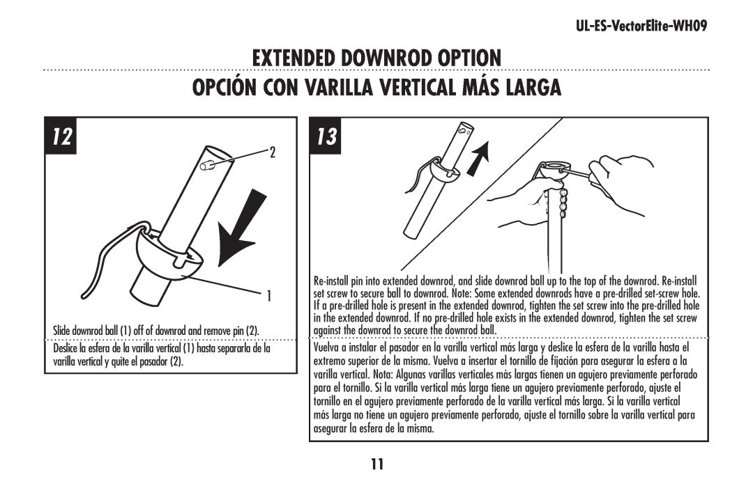 Westinghouse UL-ES-VectorElite-WH09 owner manual Extended Downrod Option Opción Con Varilla Vertical Más Larga 