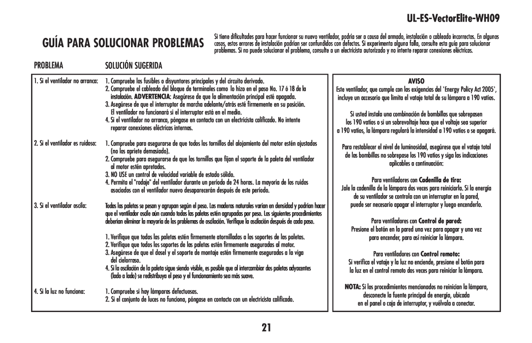 Westinghouse UL-ES-VectorElite-WH09 owner manual Problema, Guía para solucionar problemas, Aviso 