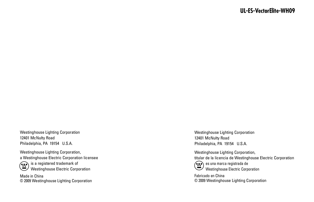 Westinghouse UL-ES-VectorElite-WH09 owner manual 