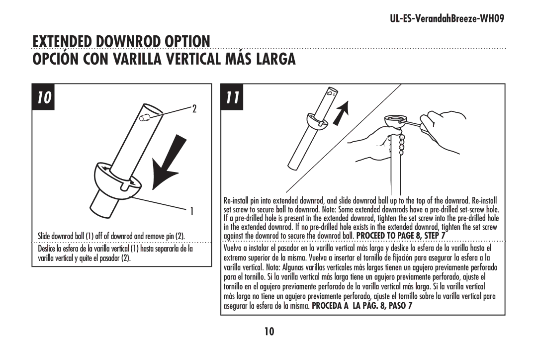 Westinghouse UL-ES-VerandahBreeze-WH09 owner manual Slide downrod ball 1 off of downrod and remove pin 