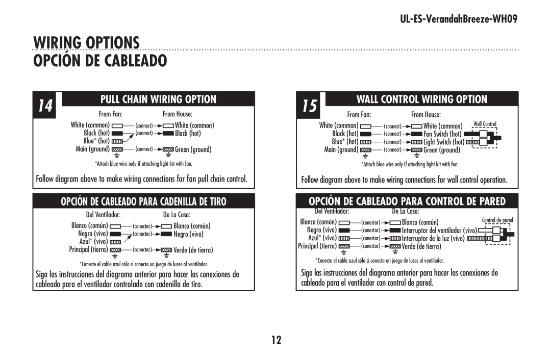 Westinghouse UL-ES-VerandahBreeze-WH09 owner manual Wiring Options Opción DE Cableado 