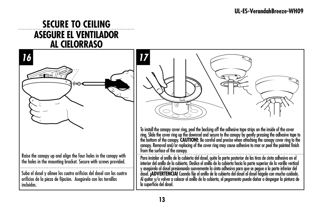 Westinghouse UL-ES-VerandahBreeze-WH09 owner manual Secure To Ceiling Asegure el ventilador Al cielorraso 