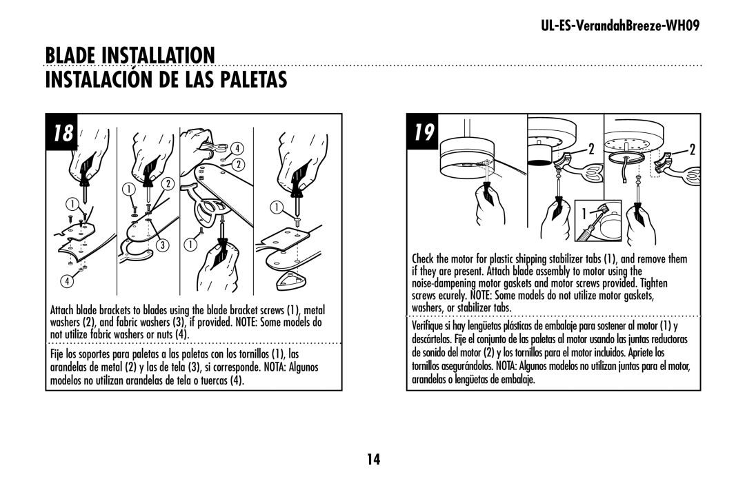 Westinghouse UL-ES-VerandahBreeze-WH09 owner manual Blade Installation Instalación de las paletas 