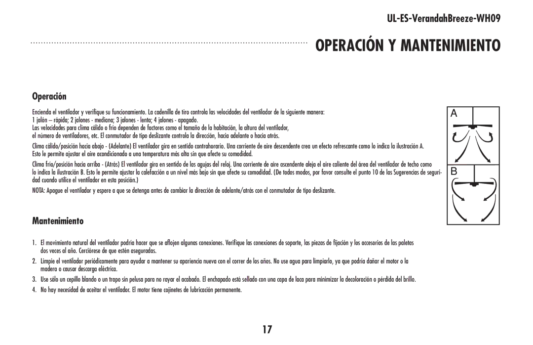 Westinghouse UL-ES-VerandahBreeze-WH09 owner manual Operación y mantenimiento 