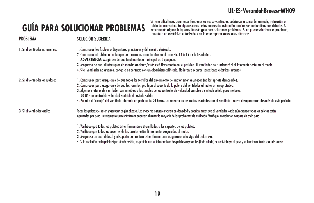 Westinghouse UL-ES-VerandahBreeze-WH09 owner manual Guía para solucionar problemas 