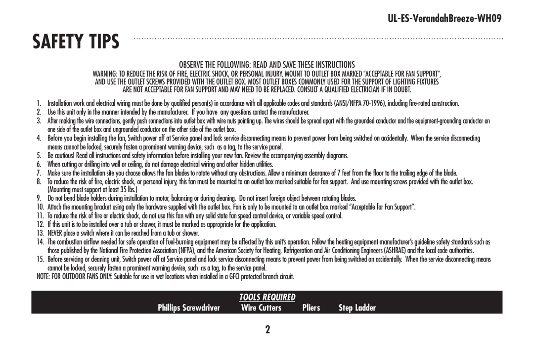 Westinghouse UL-ES-VerandahBreeze-WH09 owner manual Safety tips 