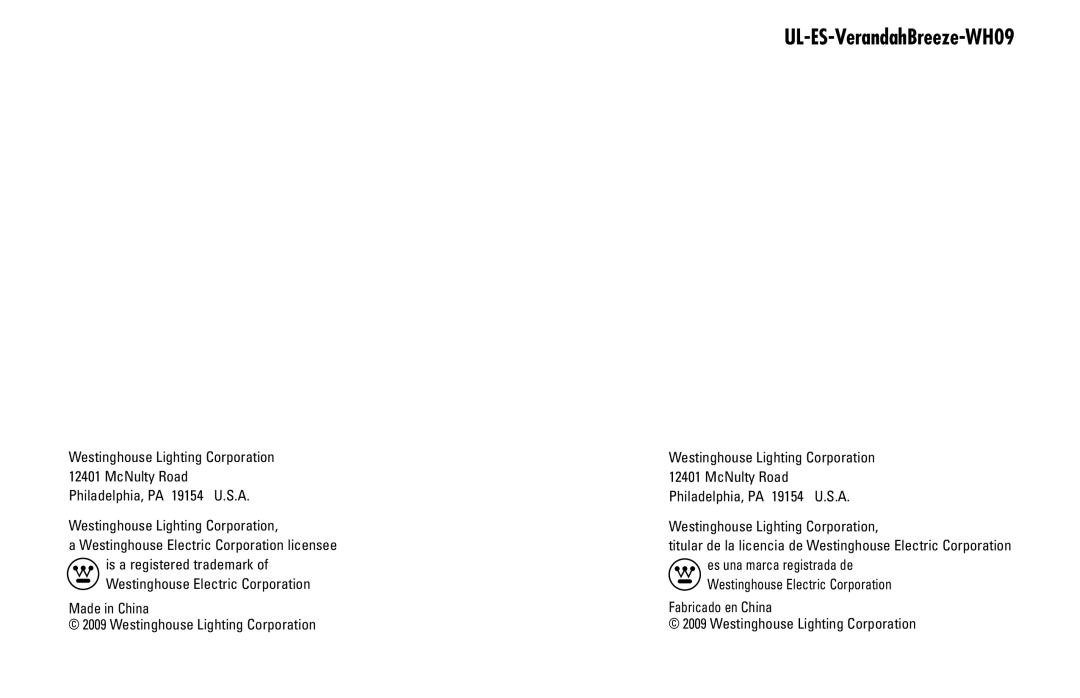 Westinghouse UL-ES-VerandahBreeze-WH09 owner manual 