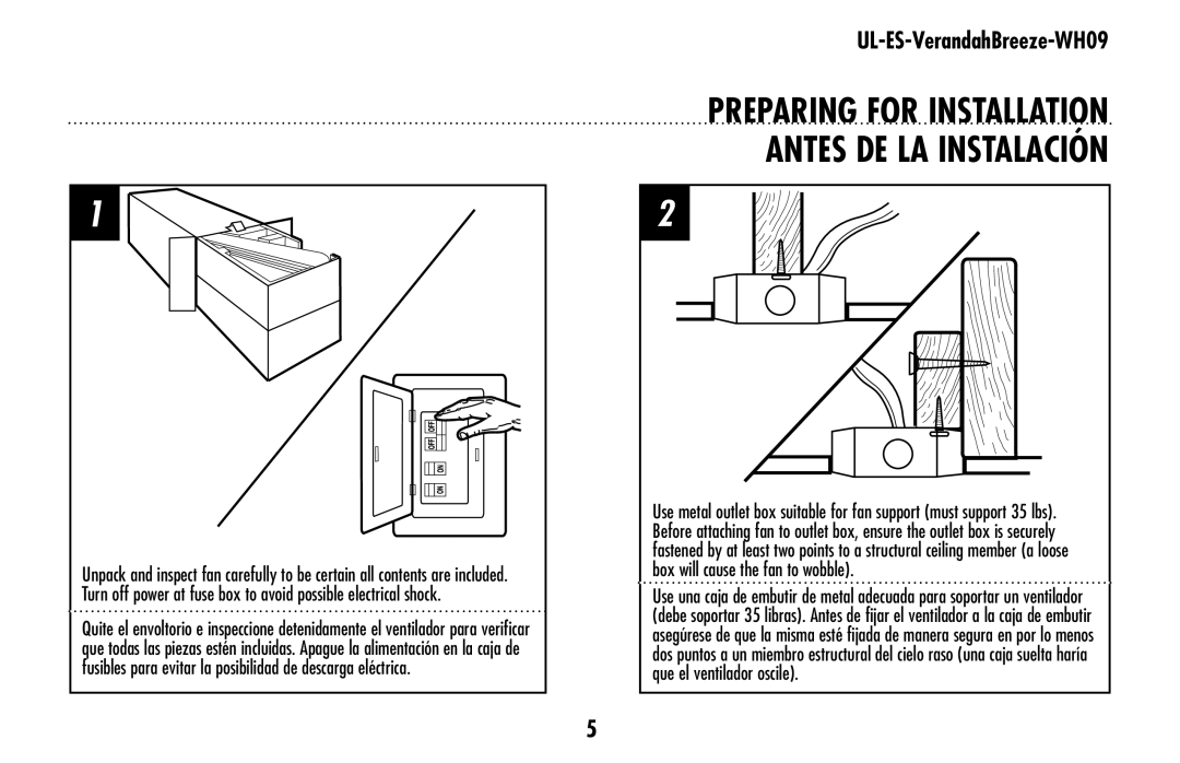 Westinghouse UL-ES-VerandahBreeze-WH09 owner manual PREPARING for installation Antes de la instalación 