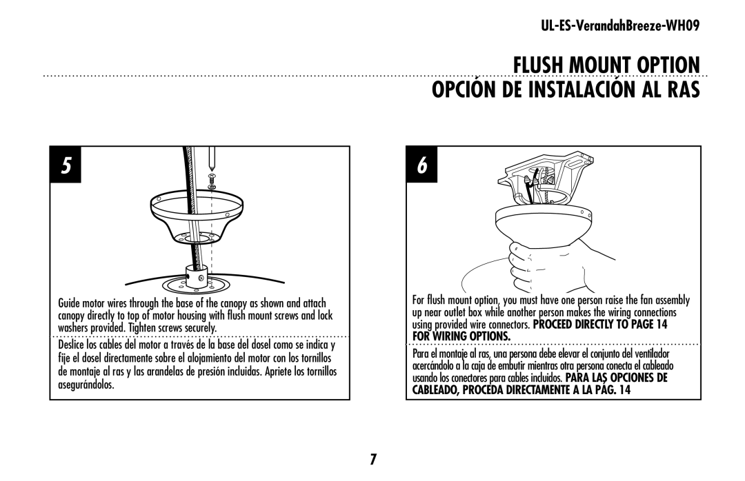 Westinghouse UL-ES-VerandahBreeze-WH09 owner manual FLUSH MOUNT Option Opción DE Instalación AL RAS 