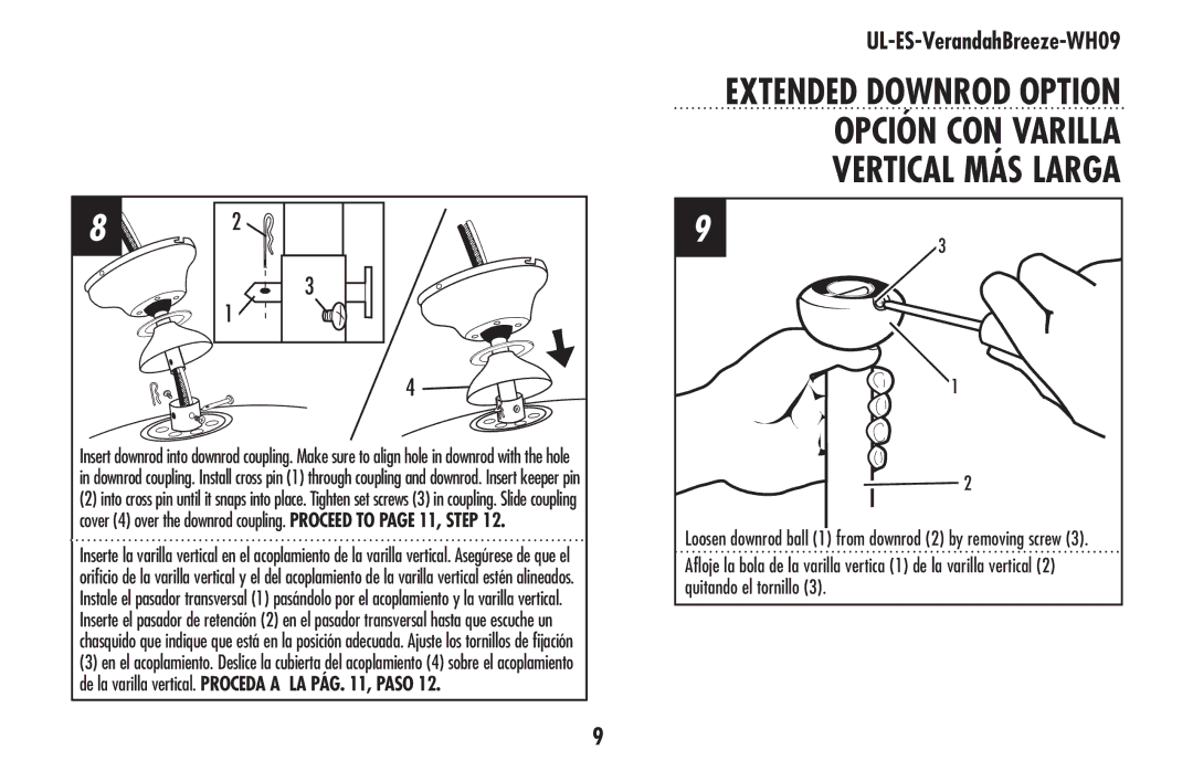 Westinghouse UL-ES-VerandahBreeze-WH09 owner manual Loosen downrod ball 1 from downrod 2 by removing screw 