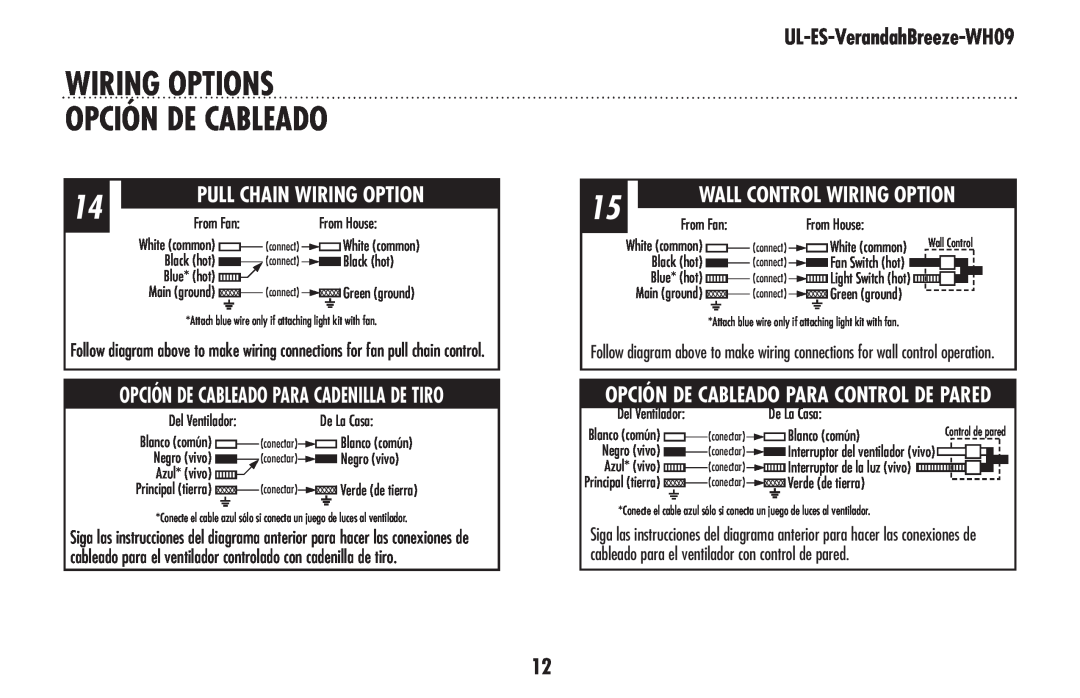 Westinghouse UL-ES-VerandahBreeze-WH09 owner manual wiring OPTIONS OPCIÓN DE CABLEADO, Pull Chain Wiring Option 