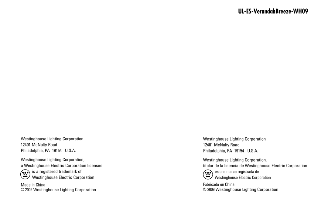 Westinghouse UL-ES-VerandahBreeze-WH09 owner manual Westinghouse Lighting Corporation 