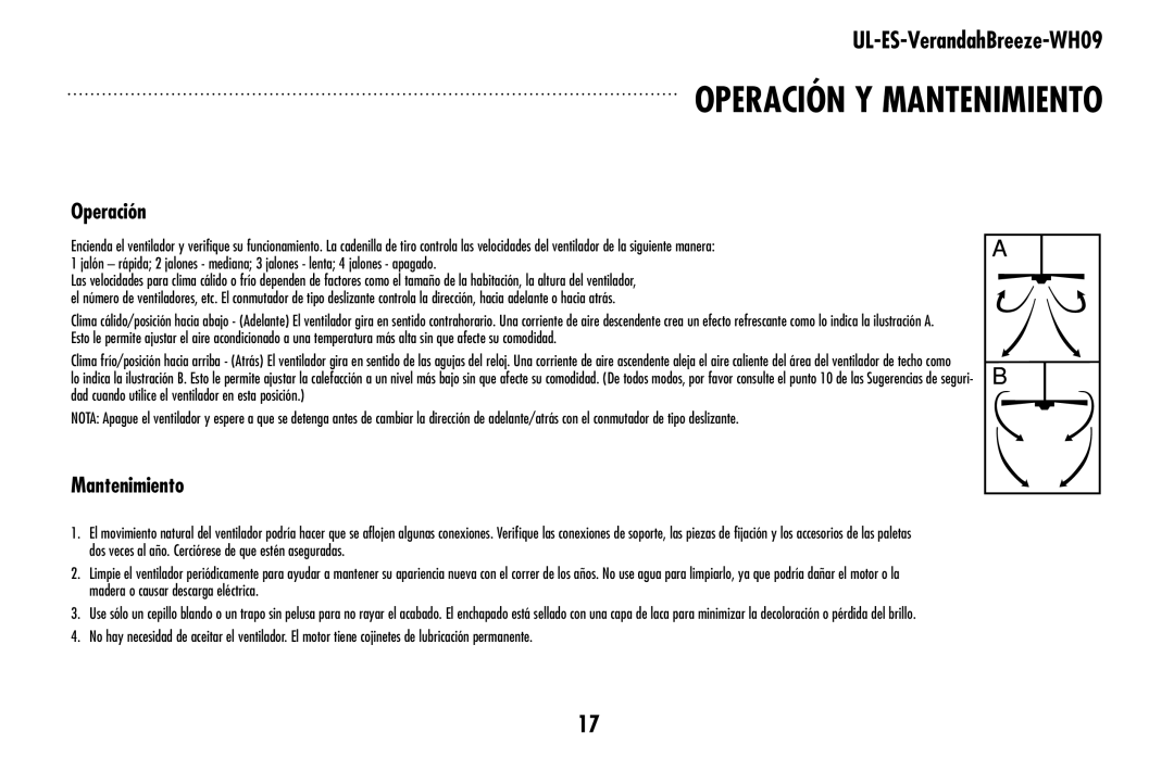 Westinghouse UL-ES-Verandahbreeze-Who9 owner manual Operación y mantenimiento 