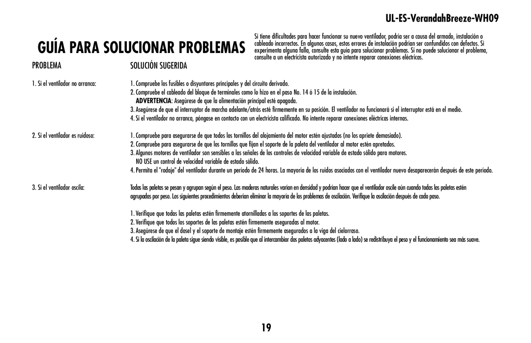 Westinghouse UL-ES-Verandahbreeze-Who9 owner manual Guía para solucionar problemas 