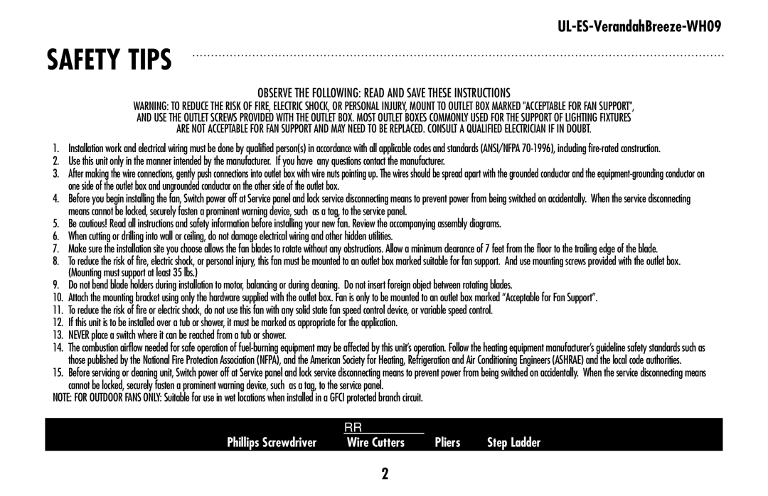 Westinghouse UL-ES-Verandahbreeze-Who9 owner manual Safety tips 